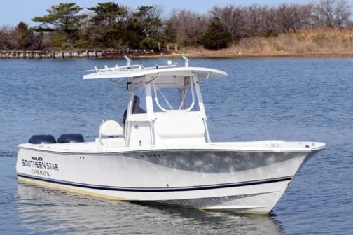 White motorboat named 'Southern Star' on calm water with trees in the background.