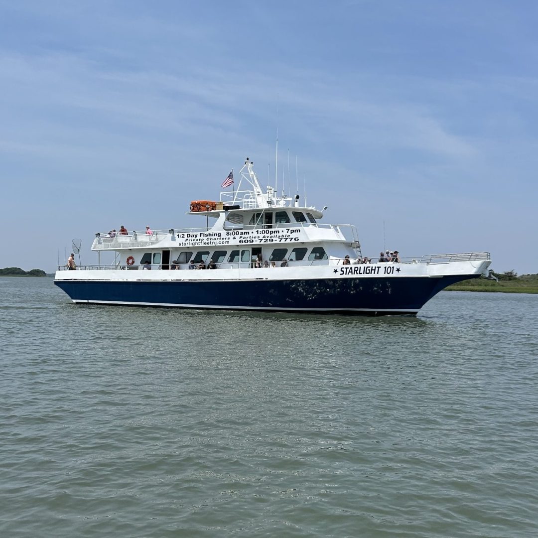 White and blue boat on water with people on deck.